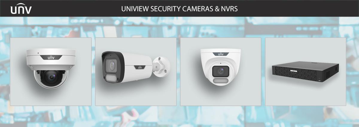 Univew Security Cameras and Network Video Recorders from left to right: a white dome camera, a white bullet camera, a white turret camera, a black NVR.