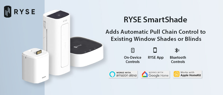 RYSE SmartShade Banner - Adds Automatic Pull Chain Control to Existing Window Coverings. Features Include: On Device Controls, Bluetooth Controls, Compatible with RYSE mobile app. Works with Amazon Alexa, Google Home, and Apple Homekit