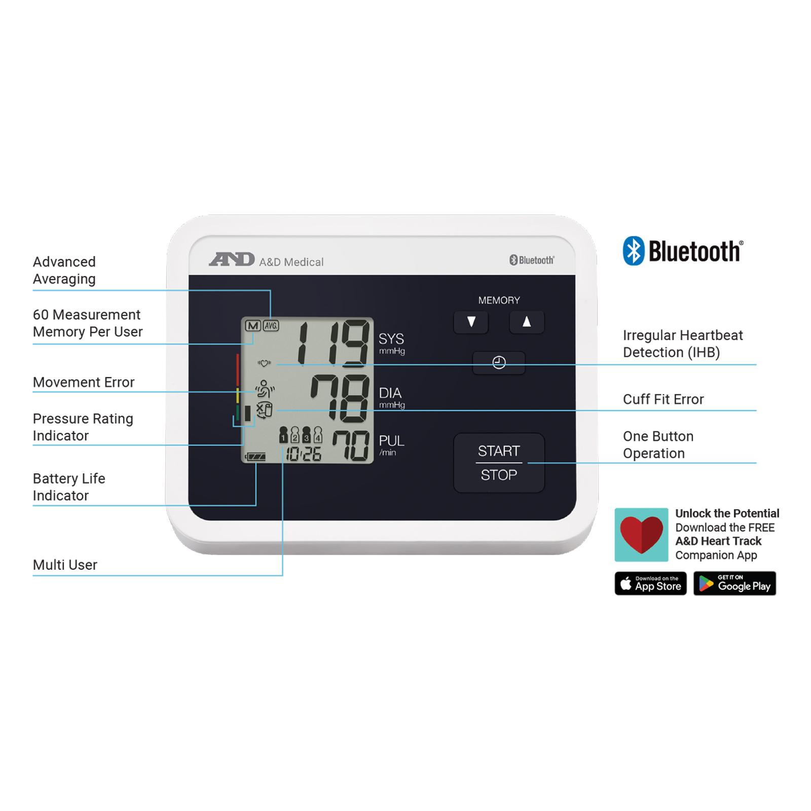 A&D Multi-User Bluetooth Upper Arm Blood Pressure Monitor with Wide Range Cuff, 8.6" to 16.5"