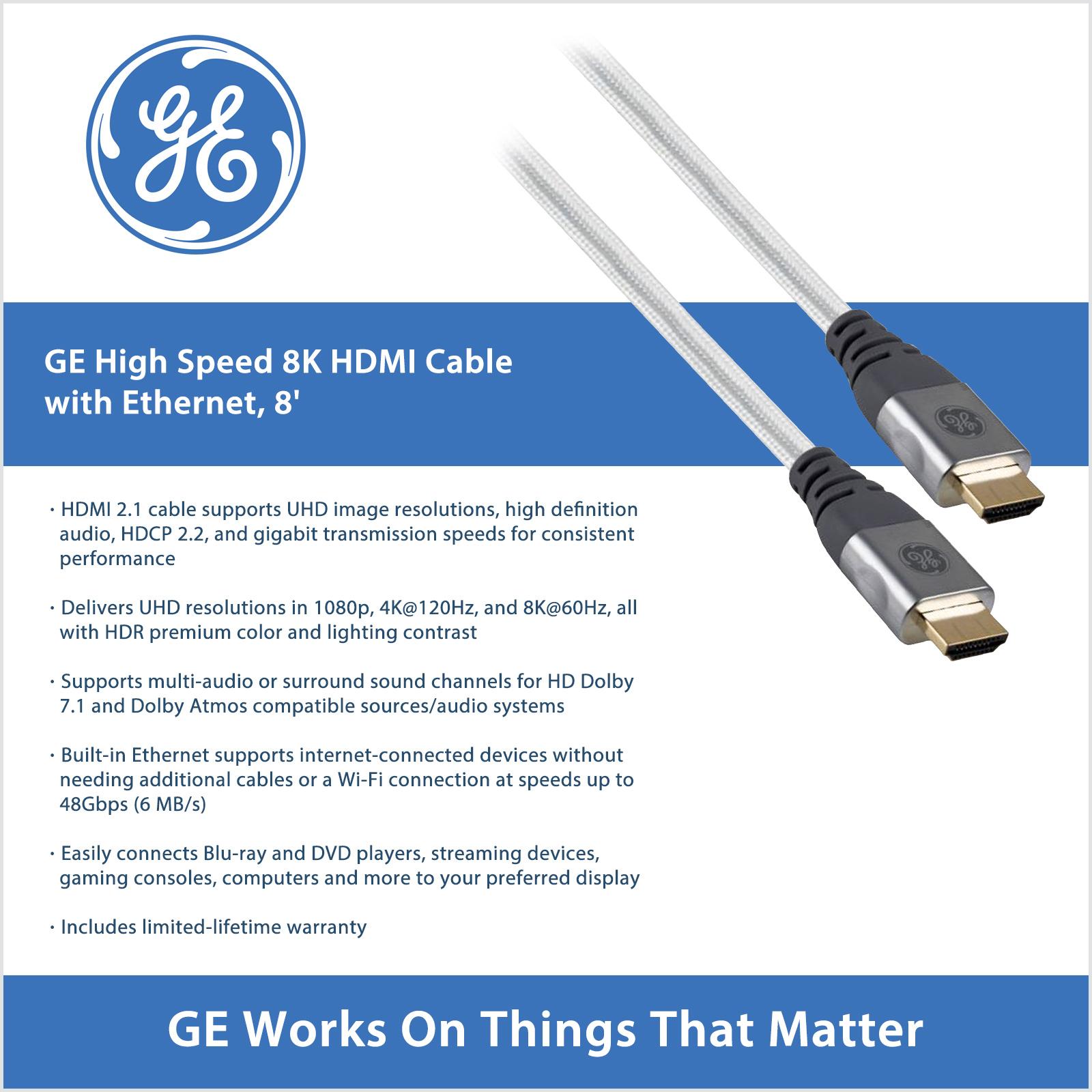 GE High Speed 8K HDMI Cable with Ethernet, 8'