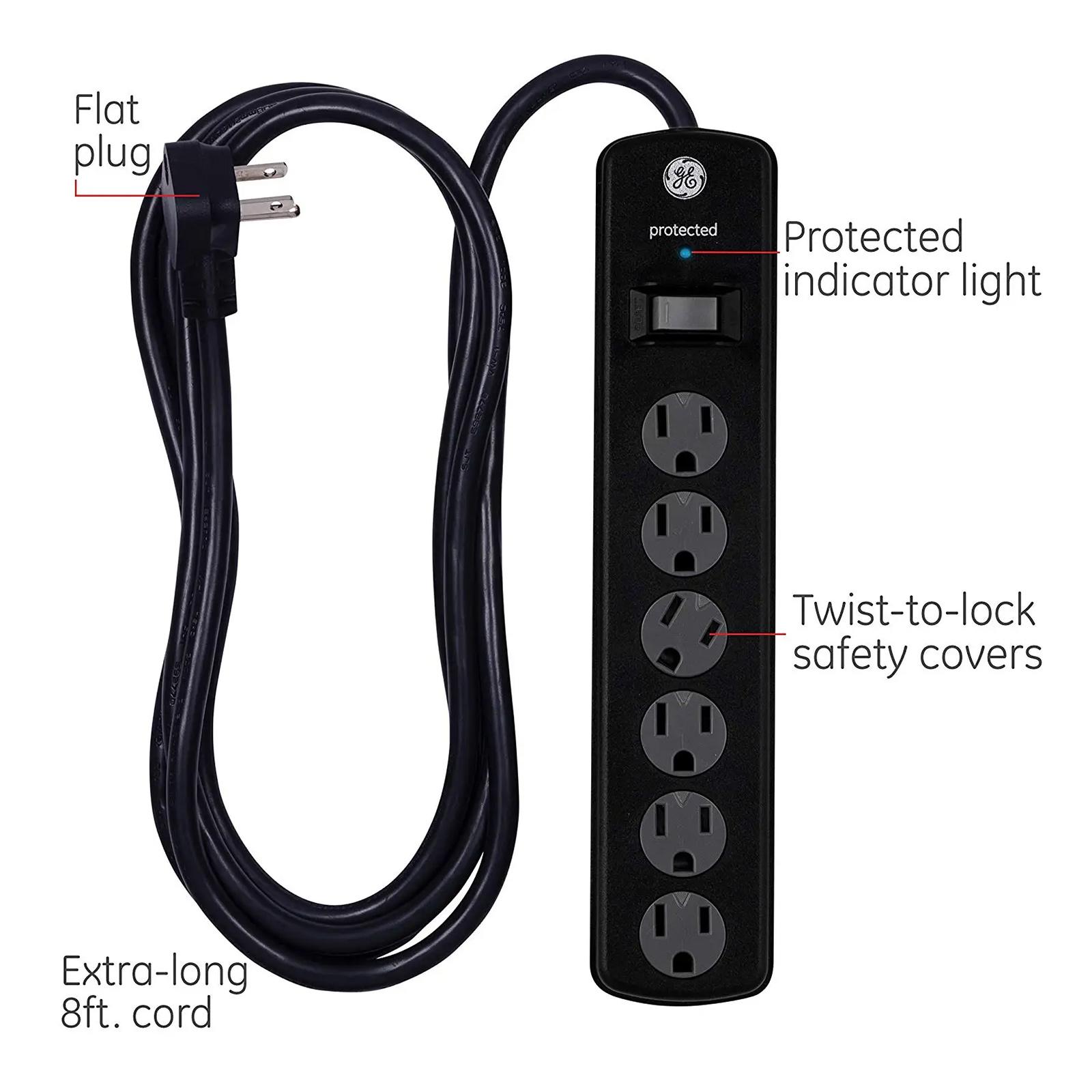 GE 6-Outlet Surge Protector with Twist-to-Close Covers, 8', 2 Pack
