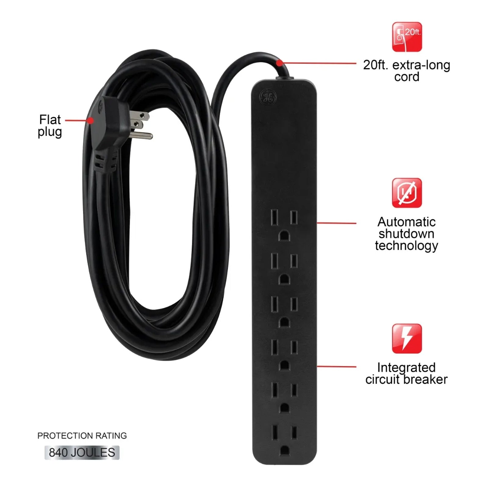 GE 6-Outlet Surge Protector, 20'