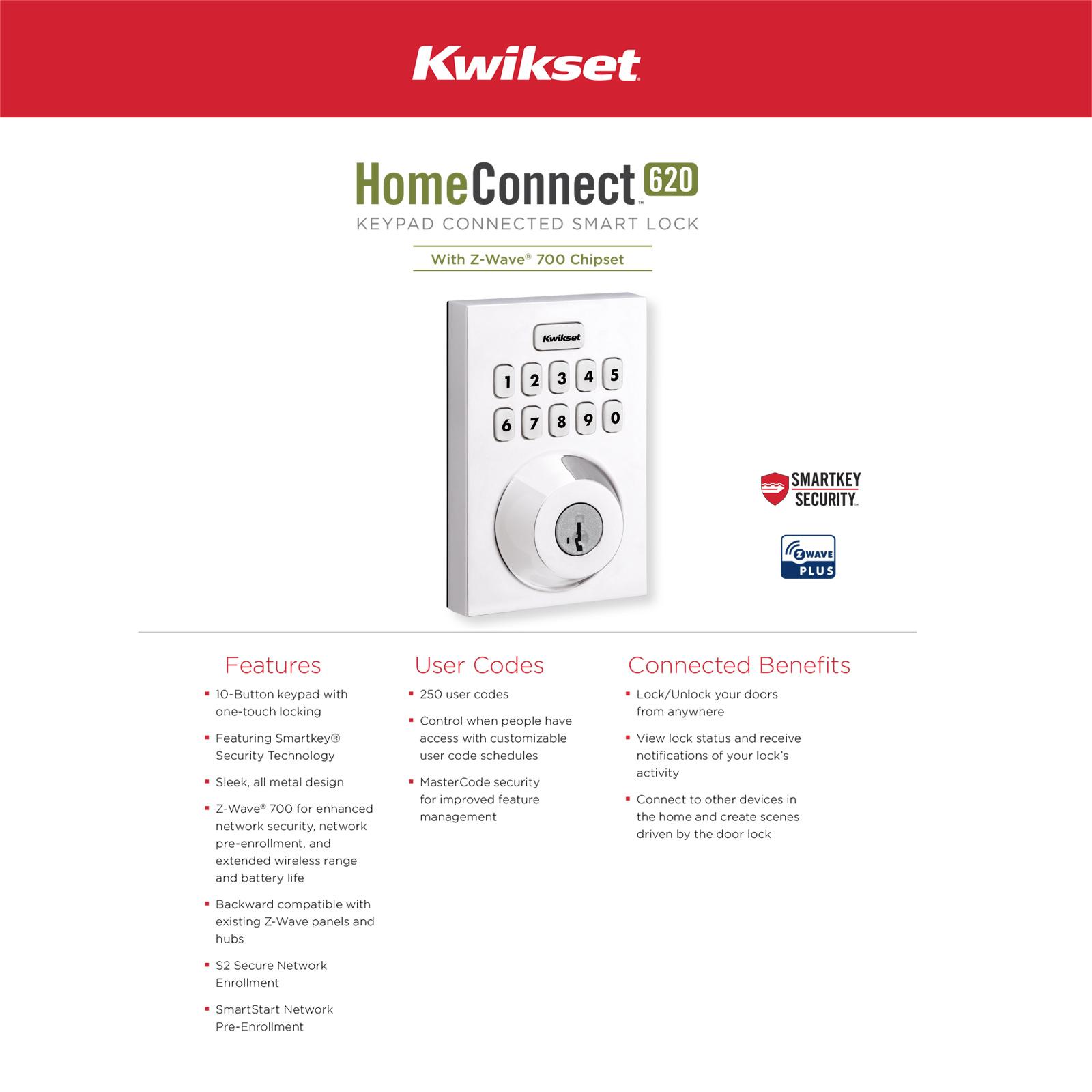 Kwikset Home Connect 620 Smart Lock, Z-Wave 700 Long Range, Contemporary with Deadbolt