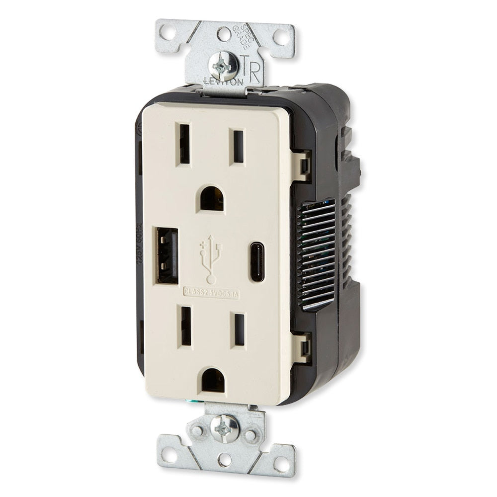 Leviton Decora USB Type-A/Type-C Wall Outlet Charger, 15A