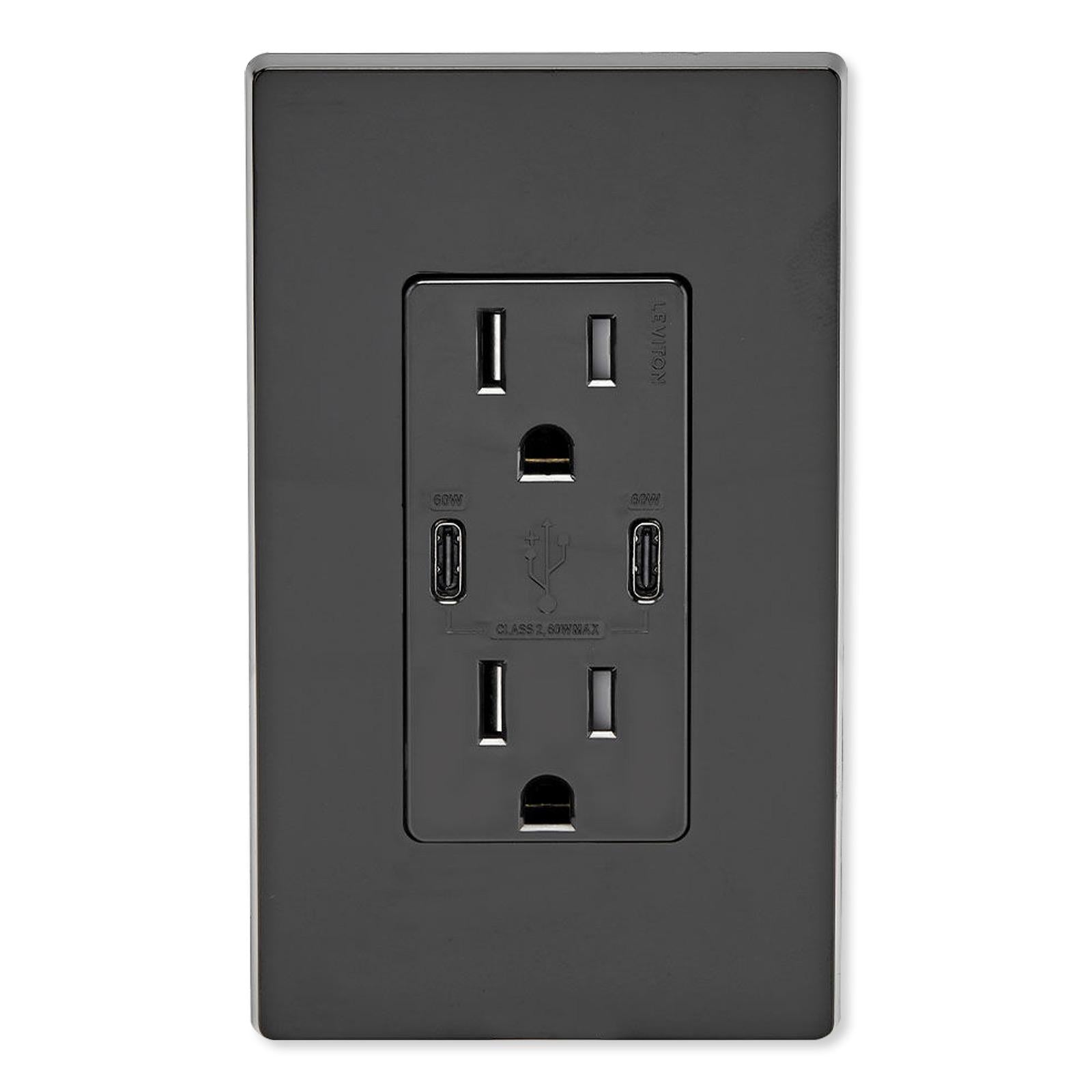 Leviton 60W USB Dual Type C/C Power Delivery Wall Charger with 15A Tamper Resistant Outlet