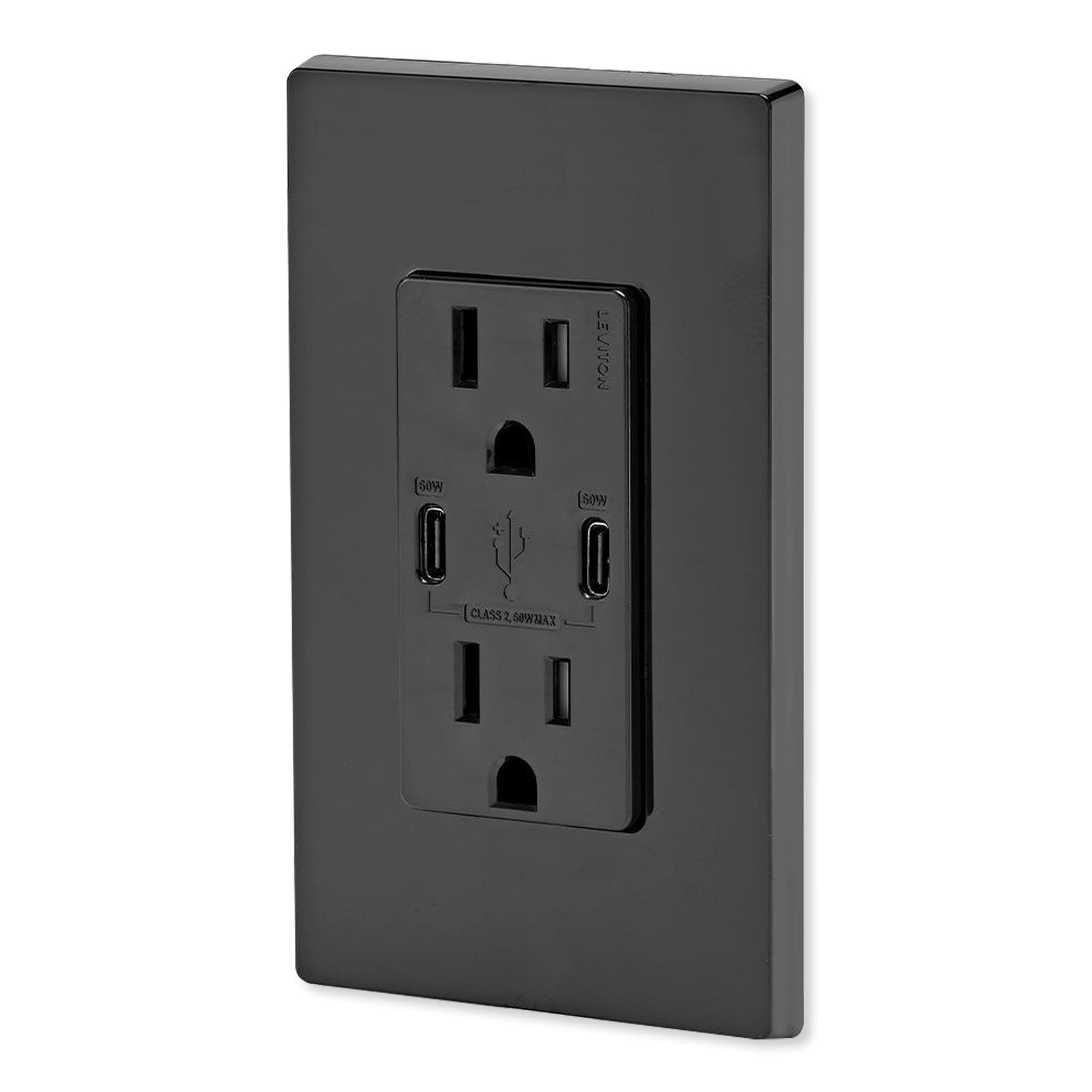 Leviton 60W USB Dual Type C/C Power Delivery Wall Charger with 15A Tamper Resistant Outlet