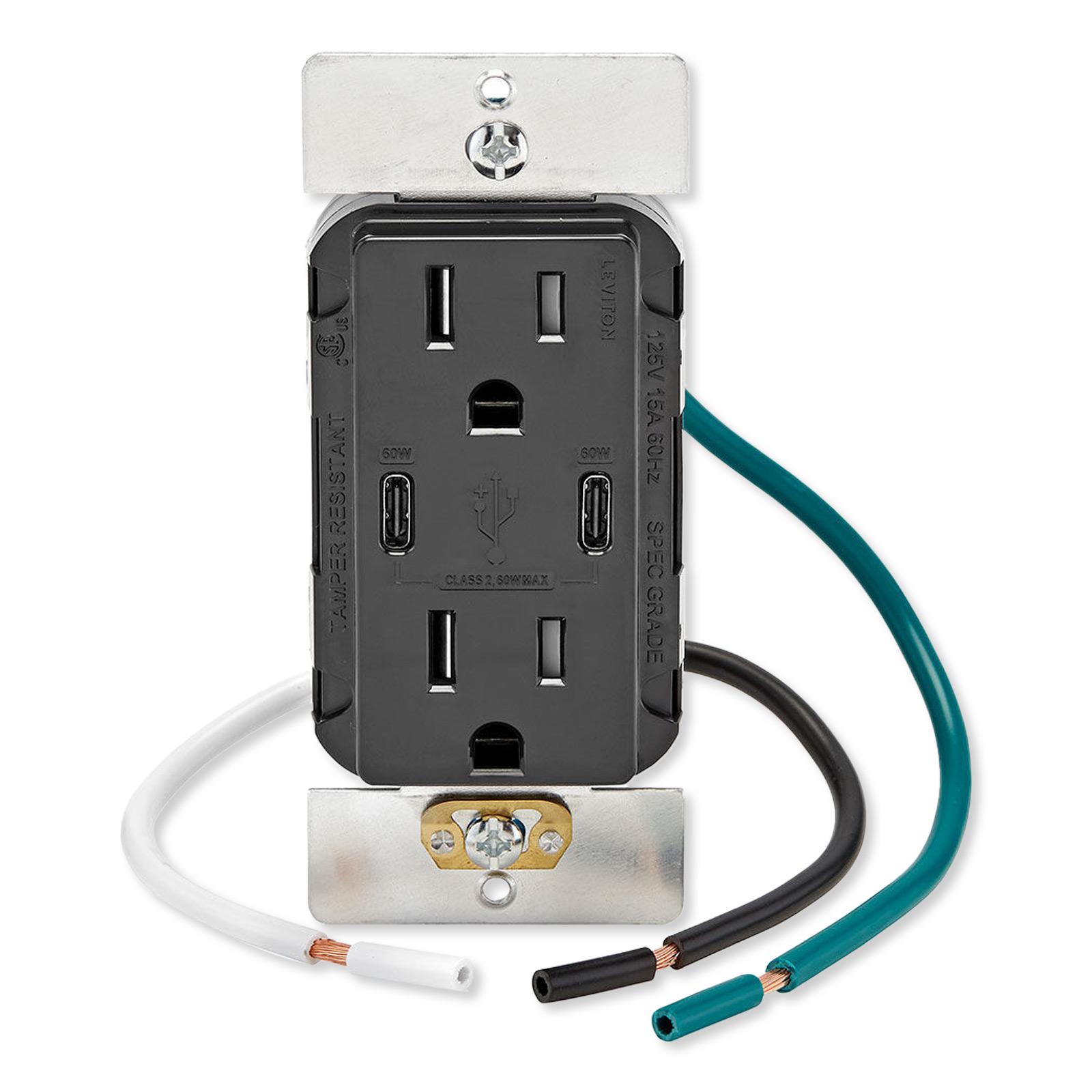 Leviton 60W USB Dual Type C/C Power Delivery Wall Charger with 15A Tamper Resistant Outlet