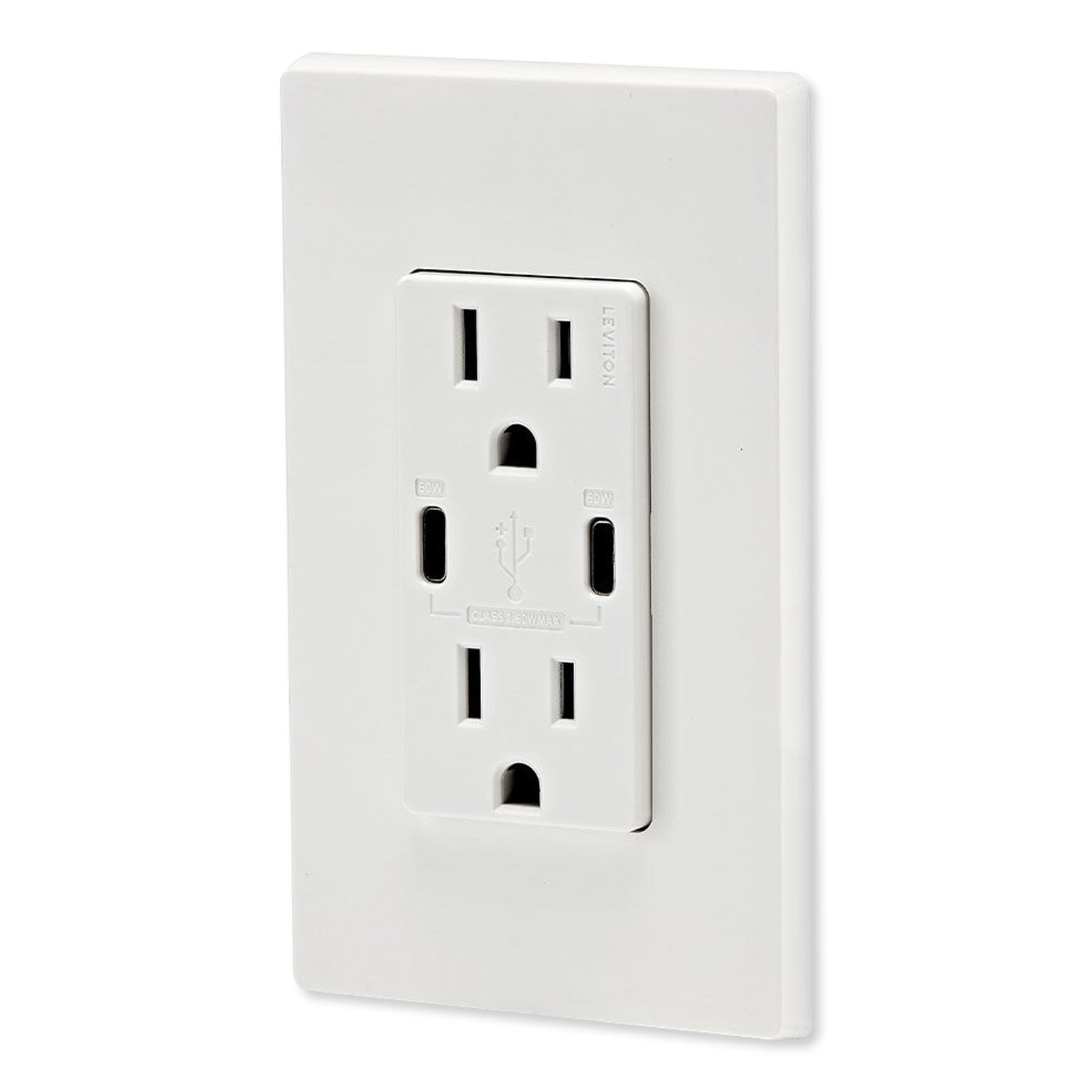 Leviton 60W USB Dual Type C/C Power Delivery Wall Charger with 15A Tamper Resistant Outlet