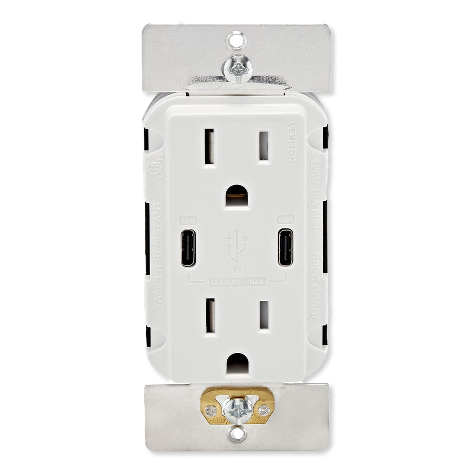 Leviton 60W USB Dual Type C/C Power Delivery Wall Charger with 15A Tamper Resistant Outlet