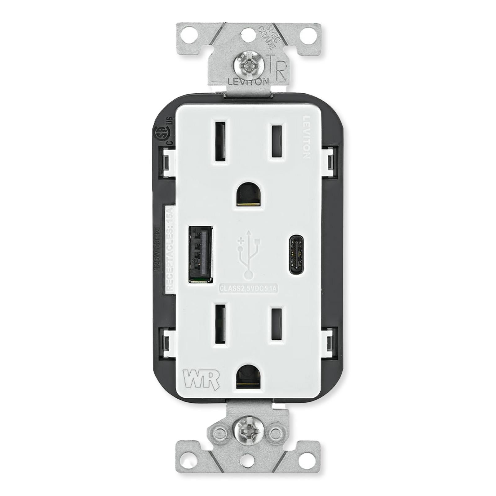 Leviton Weather-Resistant Receptacle with USB Type A/Type-C, 15A