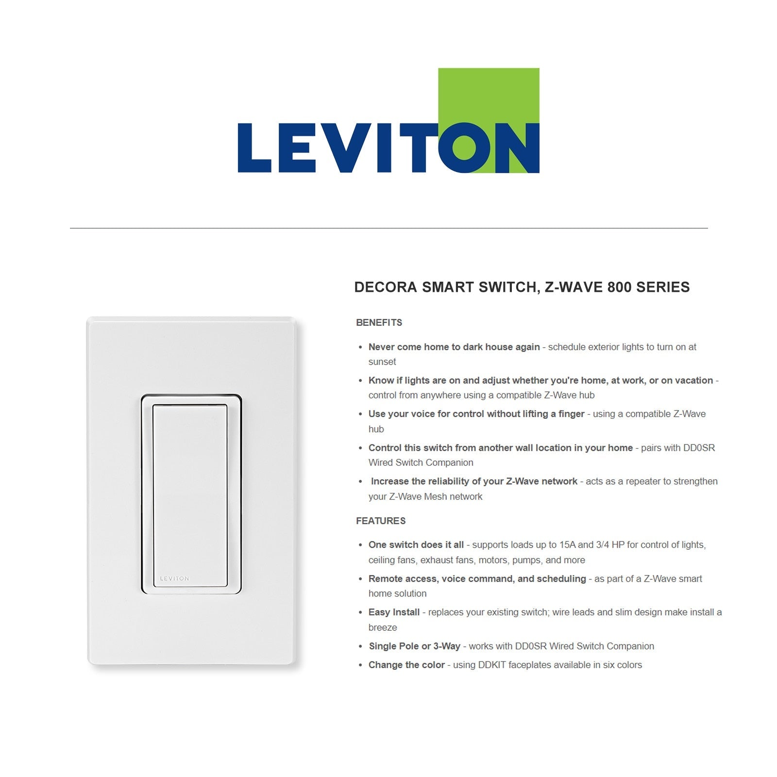 Leviton Decora Smart Z-Wave Plus v3 Smart Switch, 800 Series
