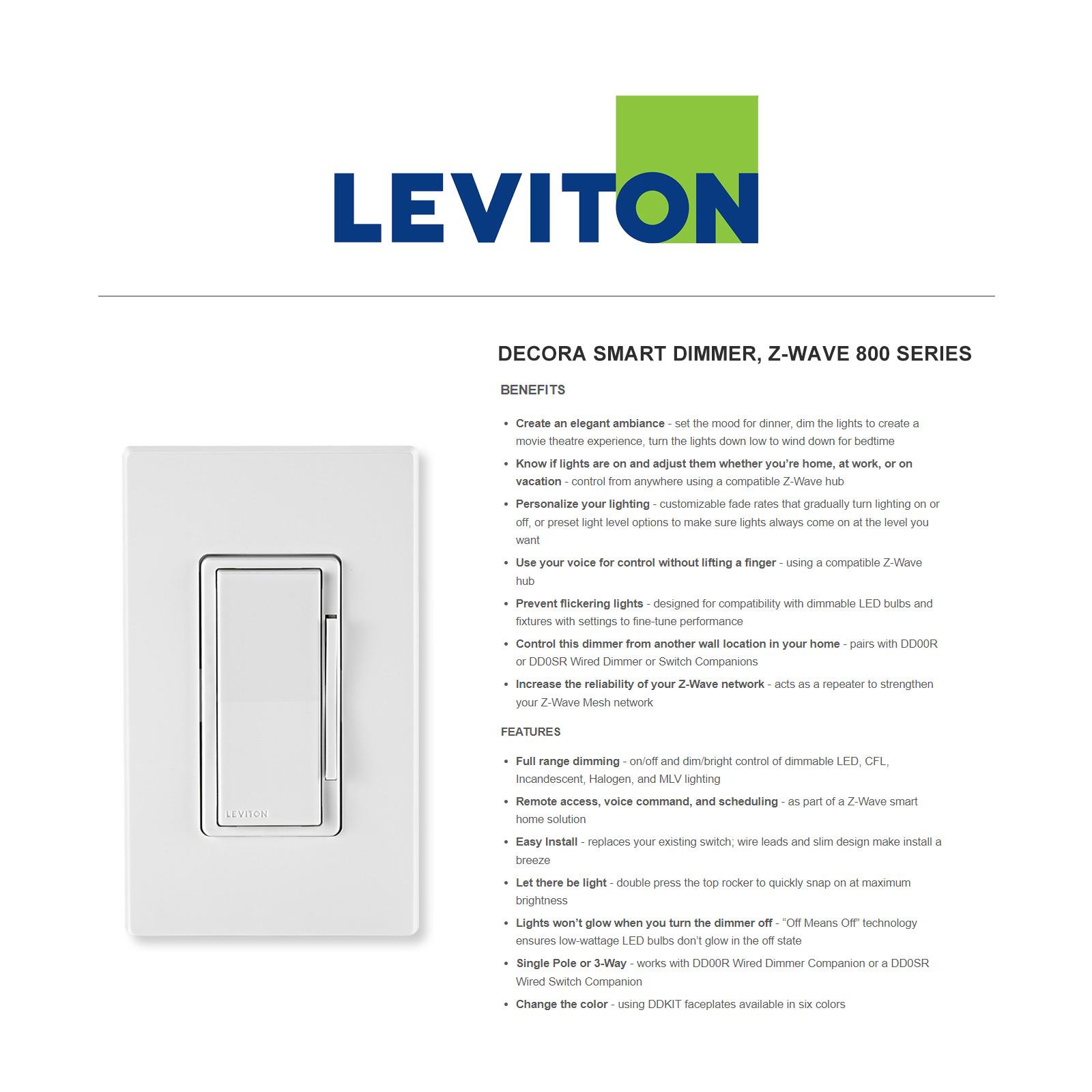 Leviton Decora Smart Z-Wave Plus v3 Smart Dimmer, 800 Series
