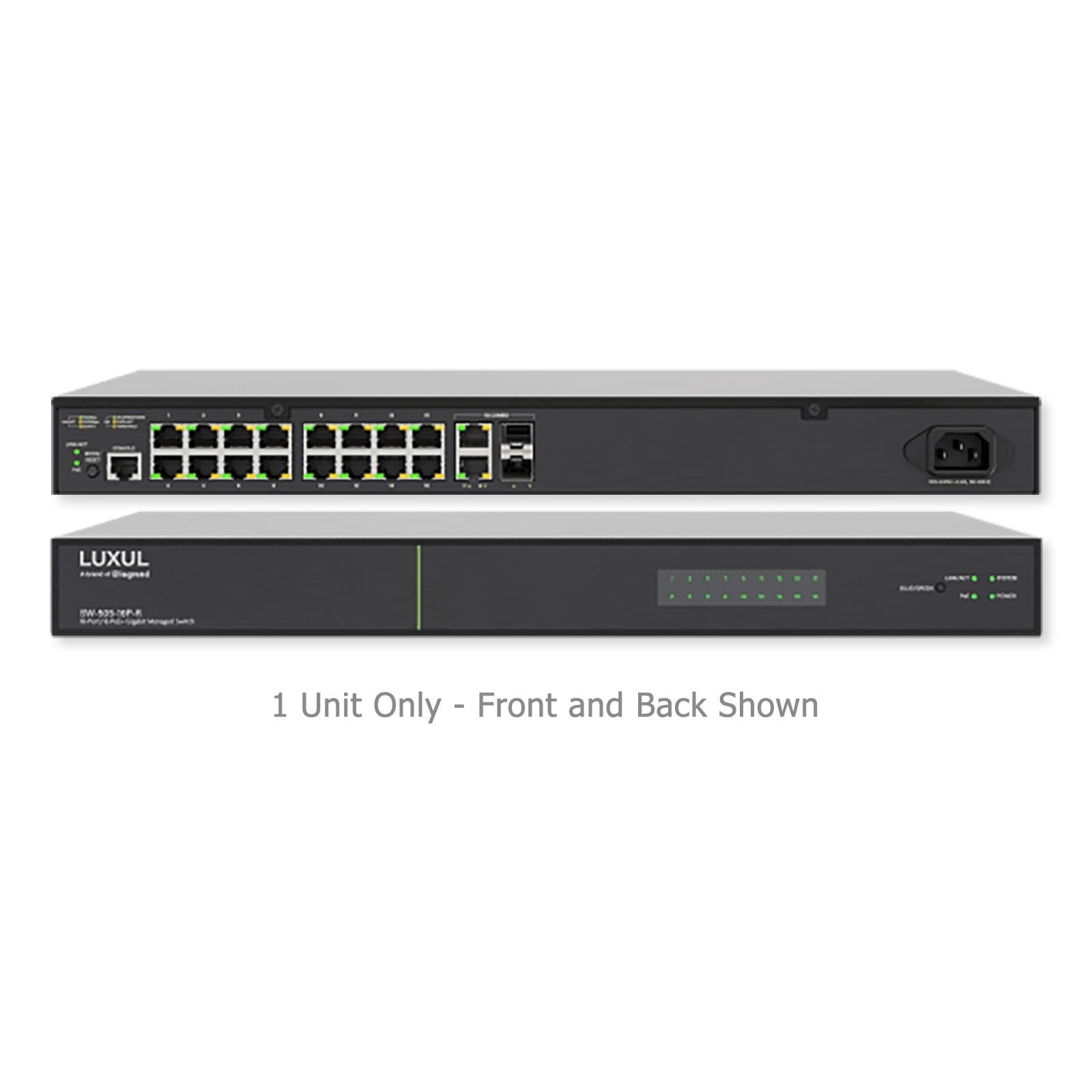 Luxul 18 Port/16 PoE+ Gigabit Managed Switch, Rear Facing