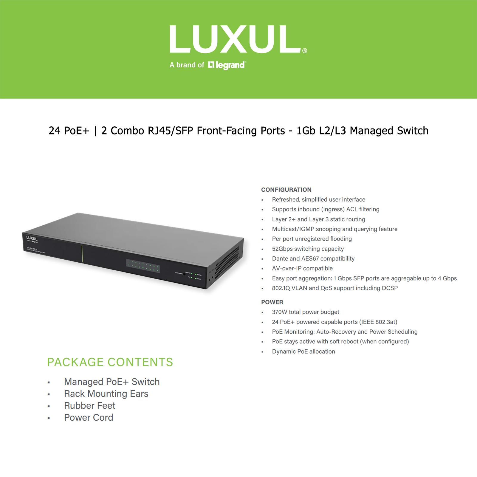 Luxul 28 Port/24 PoE+ Gigabit Managed Switch, Front Facing