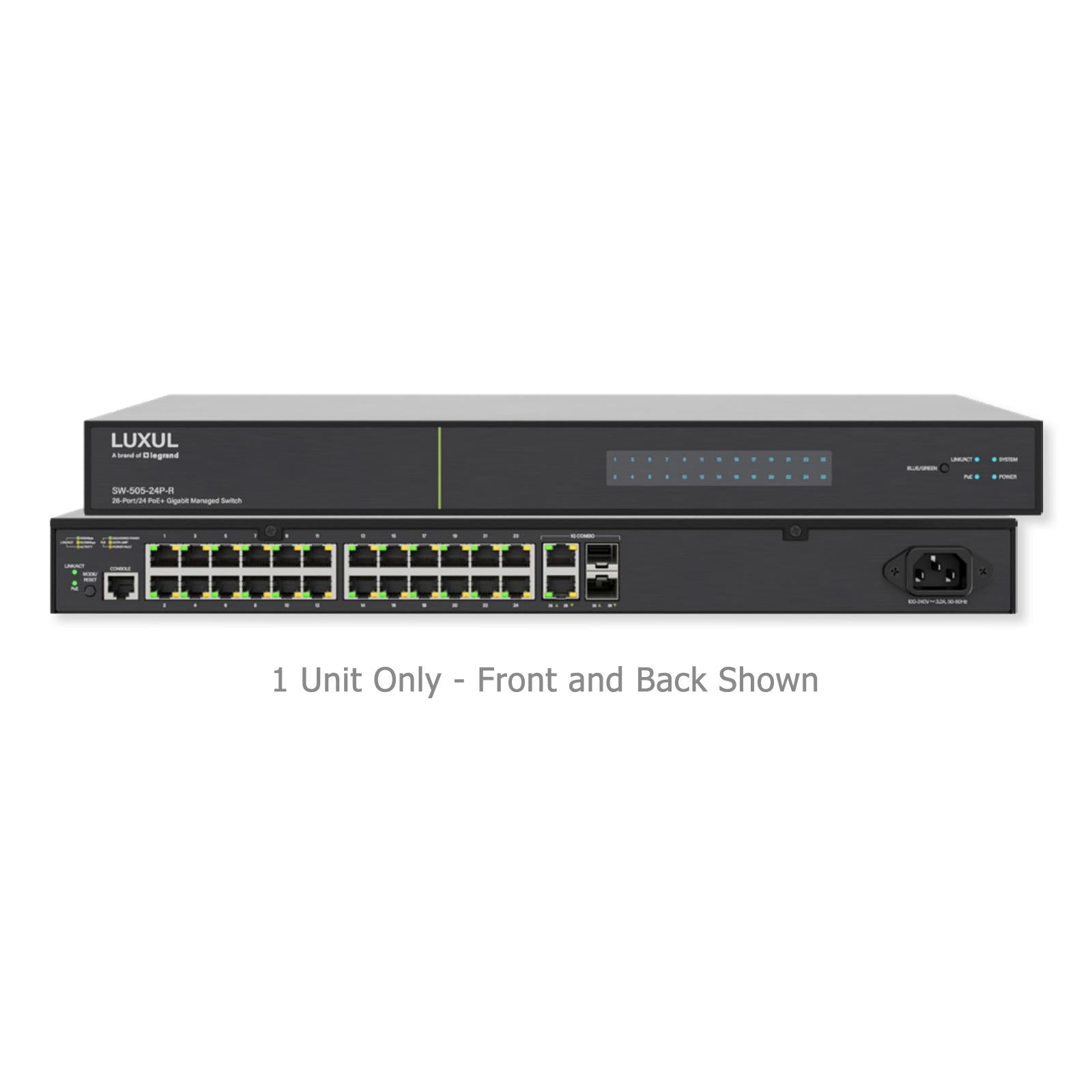 Luxul 26 Port/24 PoE+ Gigabit Managed Switch, Rear Facing