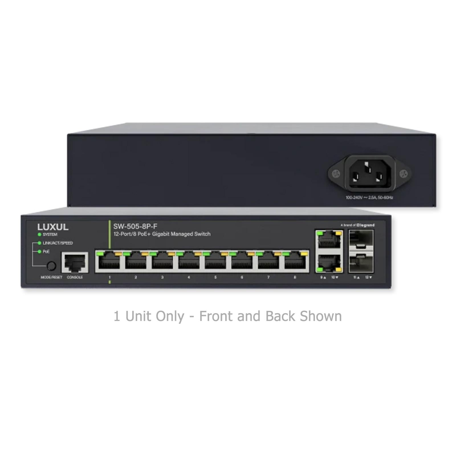 Luxul 12 Port/8 PoE+ Gigabit Managed Switch, Front Facing