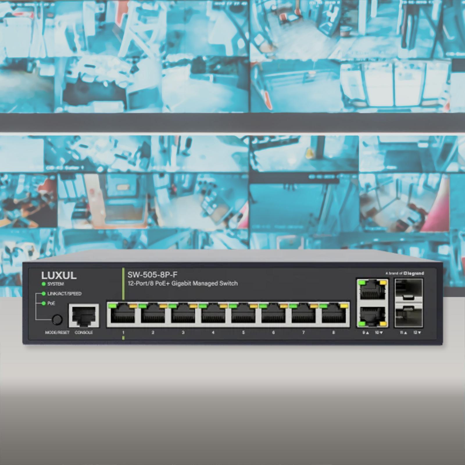 Luxul 12 Port/8 PoE+ Gigabit Managed Switch, Front Facing