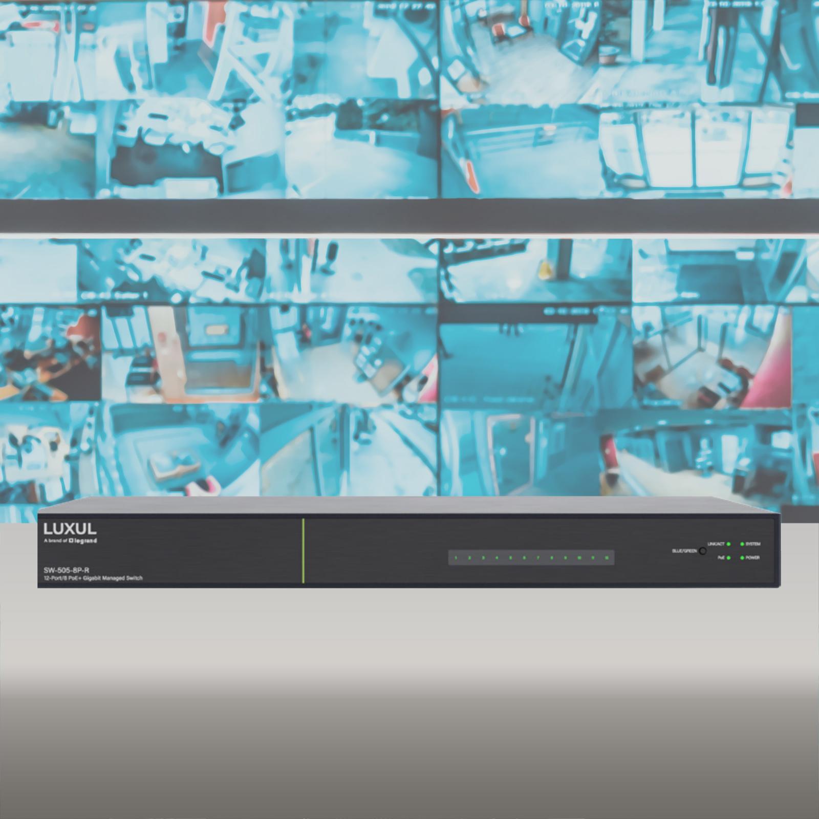 Luxul 12 Port/8 PoE+ Gigabit Managed Switch, Rear Facing