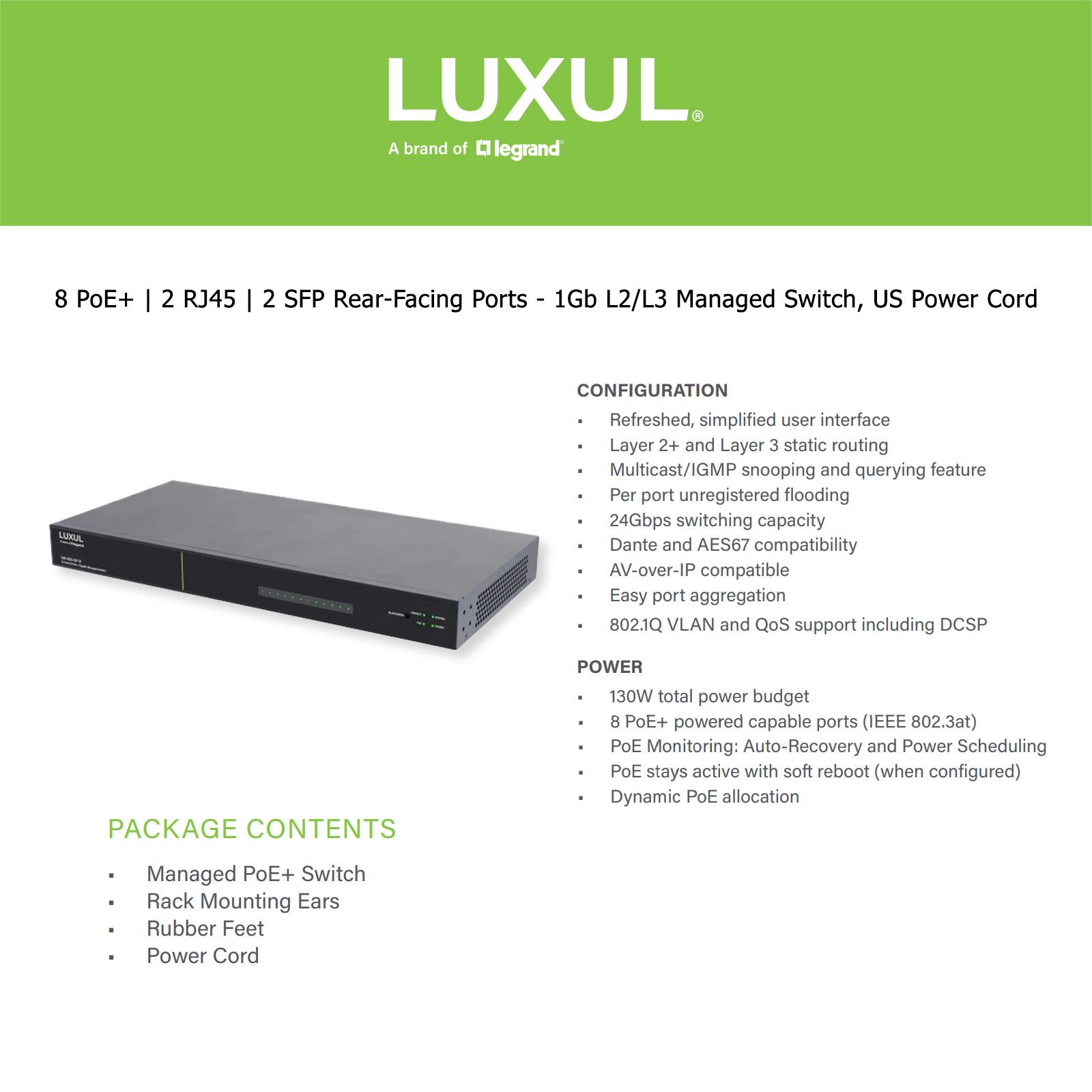 Luxul 12 Port/8 PoE+ Gigabit Managed Switch, Rear Facing