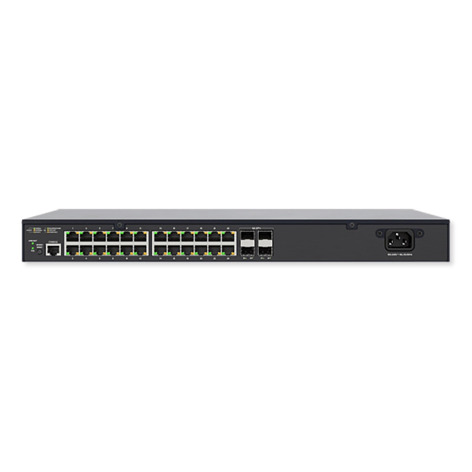 Luxul 28 Port PoE+/SFP+ Gigabit Managed Switch, Rear Facing
