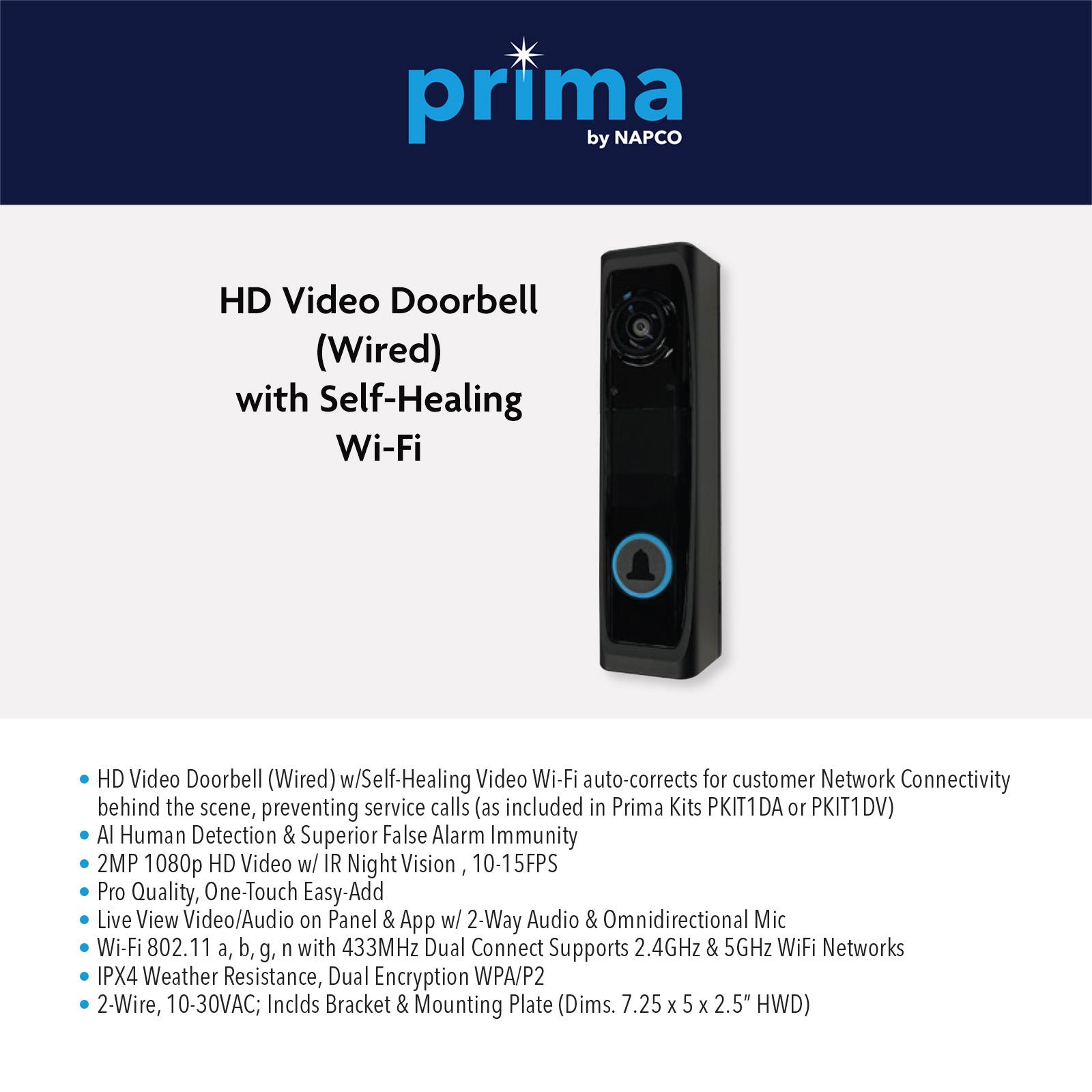 Napco Prima HD Video Doorbell (Wired) with Self-Healing Wi-Fi