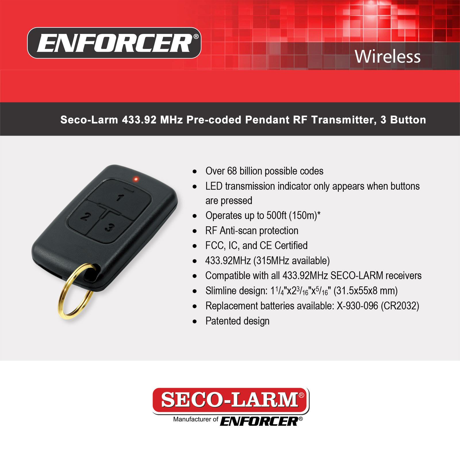 Seco-Larm 3-Button, 7-Channel RF Transmitter, Pendant, 433.92MHz, Pre-coded