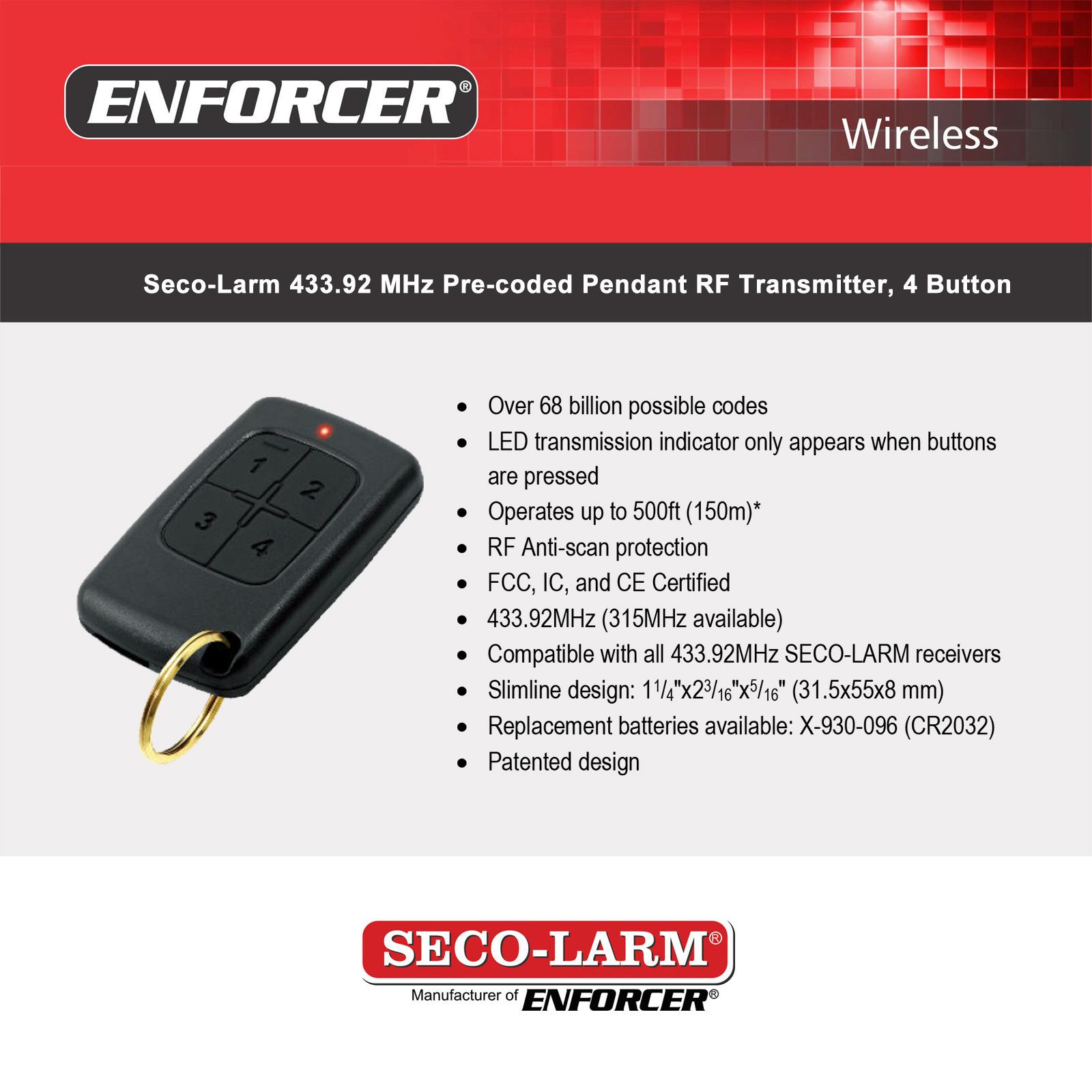 Seco-Larm ENFORCER 433.92 MHz Pre-coded Pendant RF Transmitter, 4-Buttons, 15-Channels