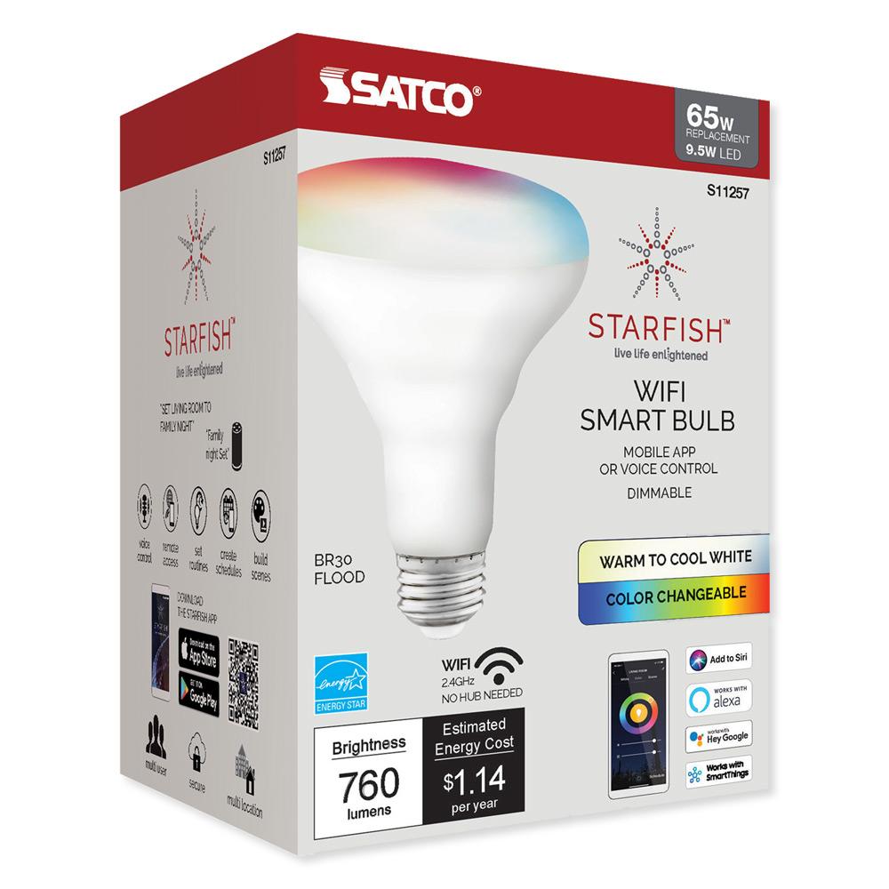 SATCO Starfish Wi-Fi BR30 LED RGB & Tunable White T20 Reflector, 120v/800lm/65w
