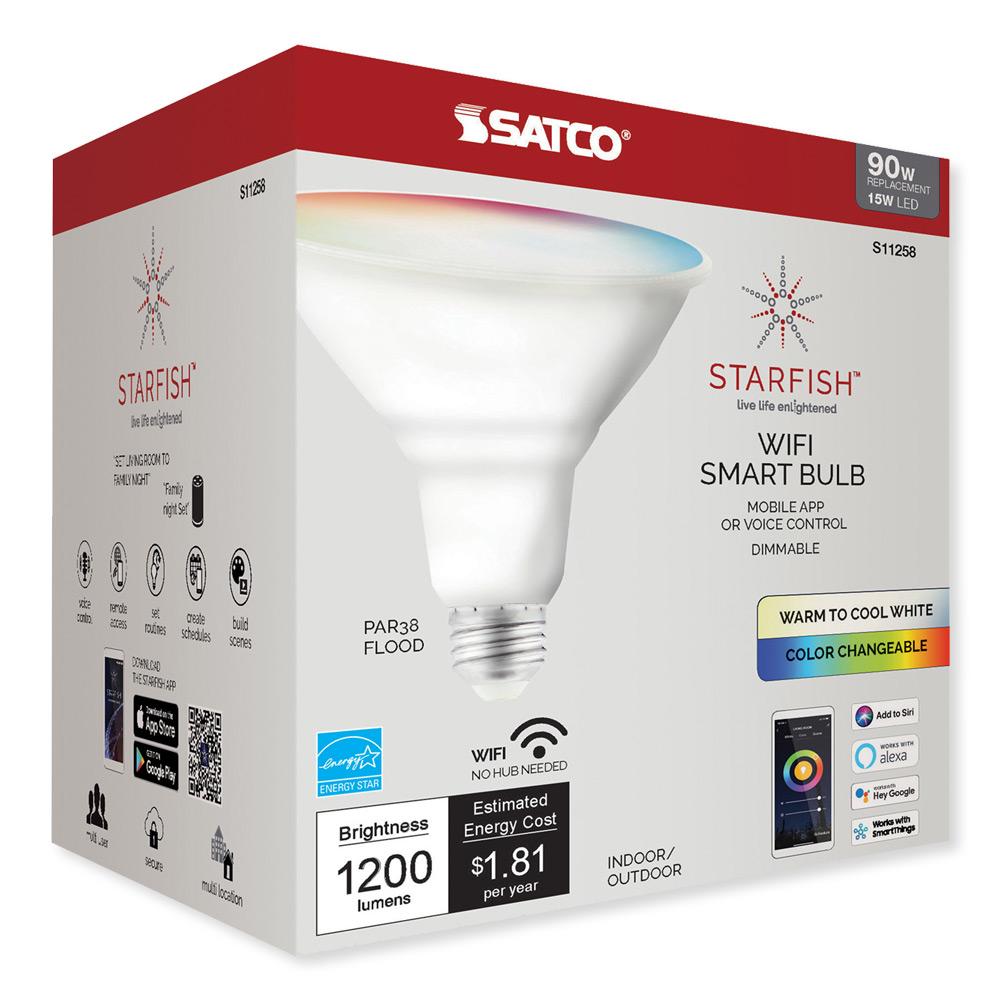 SATCO Starfish Wi-Fi PAR38 LED RGB & Tunable White Flood Light, 120v/1100lm/90w