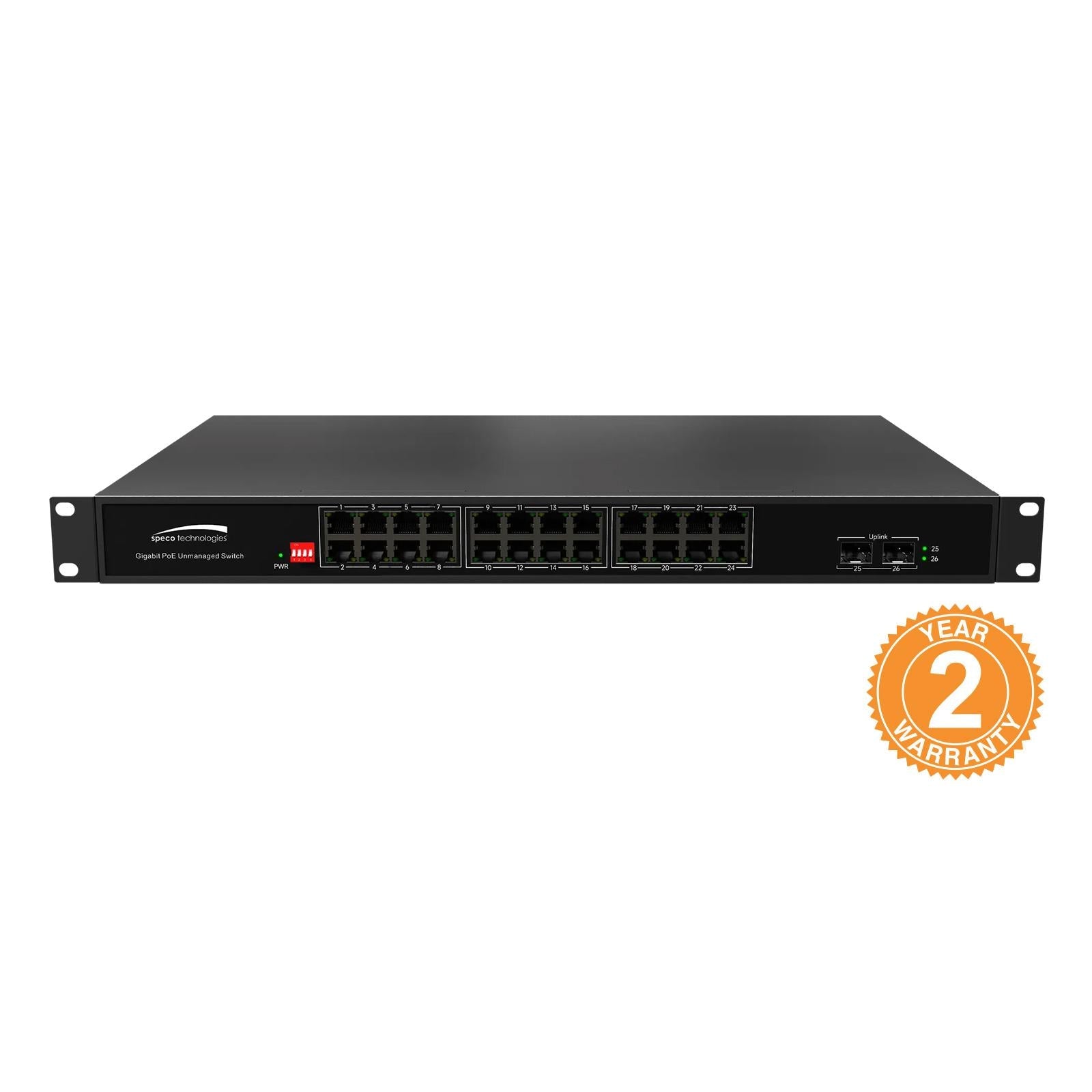 Speco 26-Port Gigabit Switch with 24-PoE Ports and 2 SFP Uplink