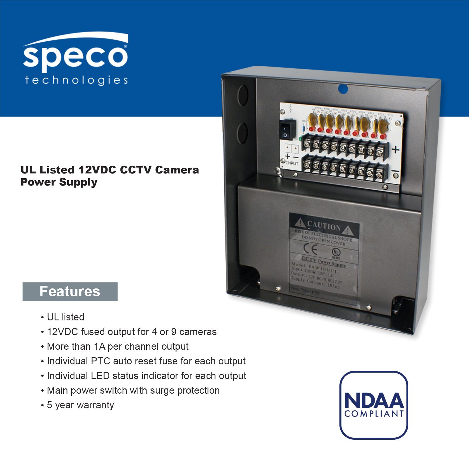 Speco CCTV Camera 12VDC Power Supply, 9 Channel, 10A Output