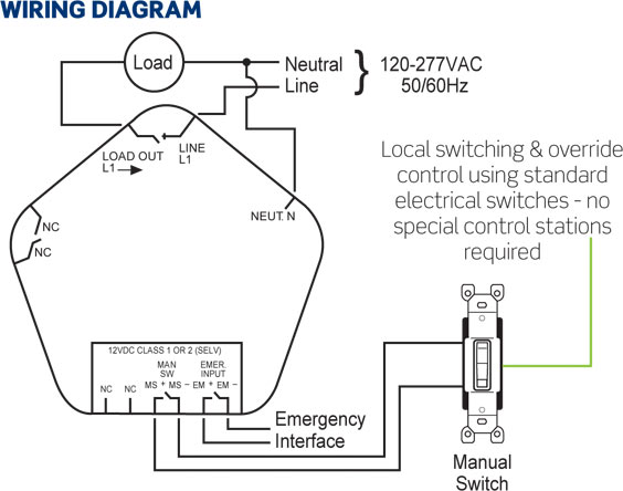 Wiring Diagram for Levition ODC Series: Local switching & override control using standard electrical switches - no special control stations required.