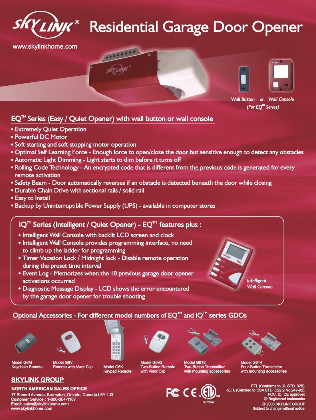 Skylink Eq 1511 Garage Door Operator Kit Skylink Garage Door Opener Eq Series Dc Motor Chain Drive Installation Manual