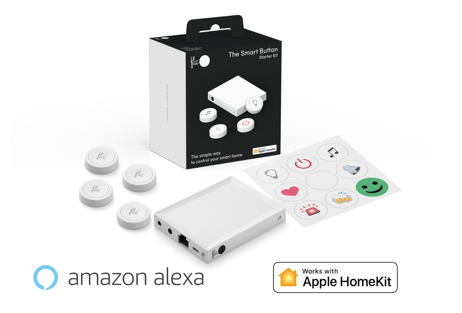 Flic 2 Smart Button Starter Kit with 4 Flic 2 Buttons, Flic Hub LR, and Sticker Sheet.