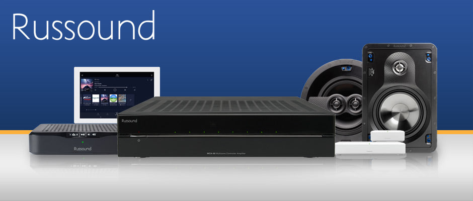 Russound products available at Home Controls: Wi-Fi Streaming Player, XTS7 Color Touchscreen, MCA Series Amplifier, IC-620 Series Speakers, and Bluetooth Source Kit.