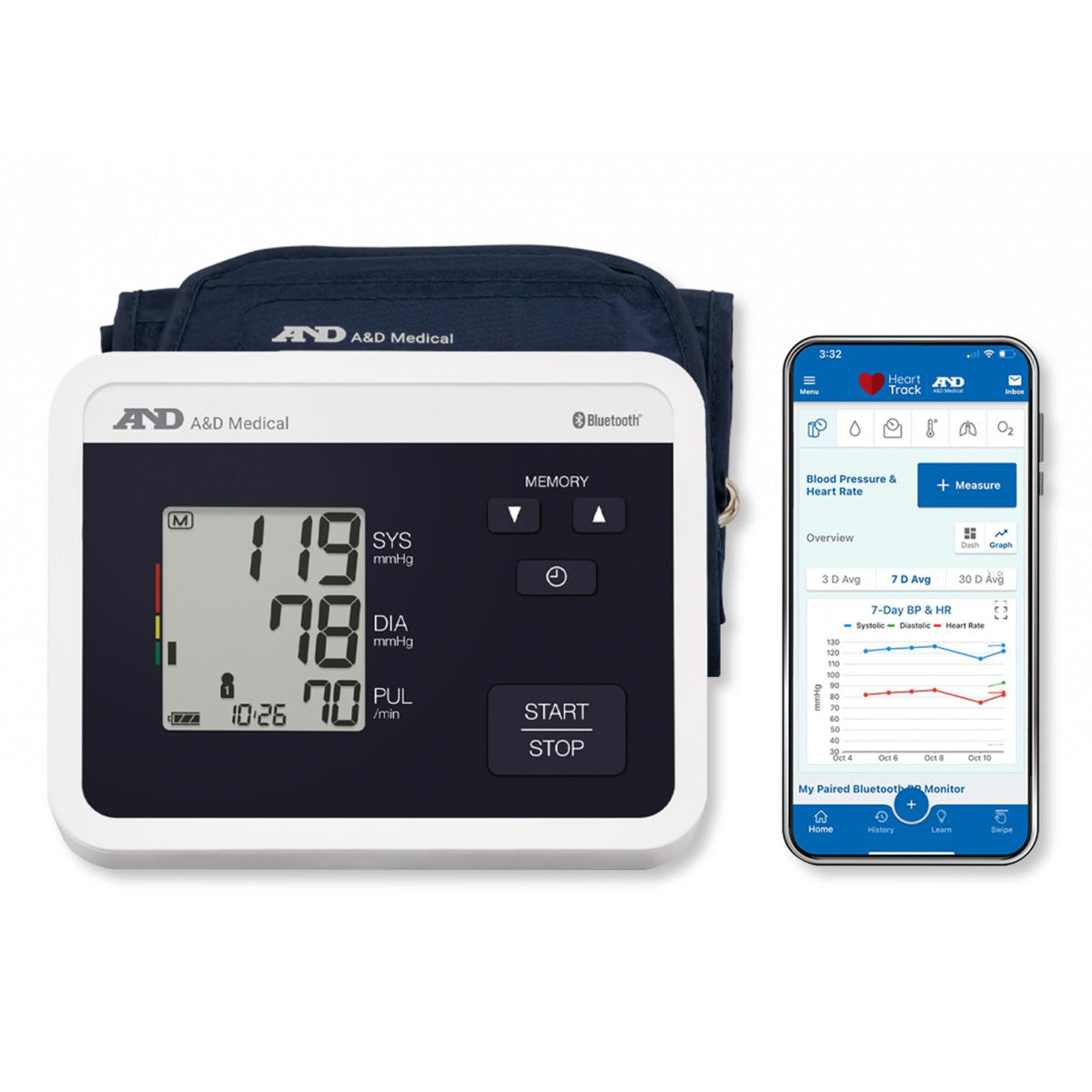 A&D Multi-User Bluetooth Upper Arm Blood Pressure Monitor with Wide Range Cuff, 8.6" to 16.5"