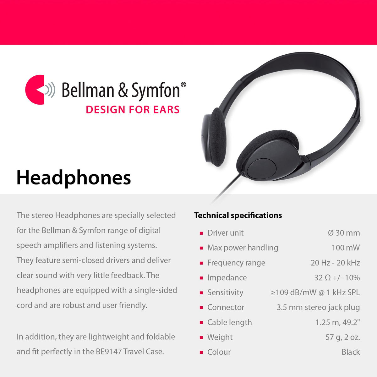 Bellman & Symfon Stereo Headphone for Maxi & Mino Personal Amplifiers