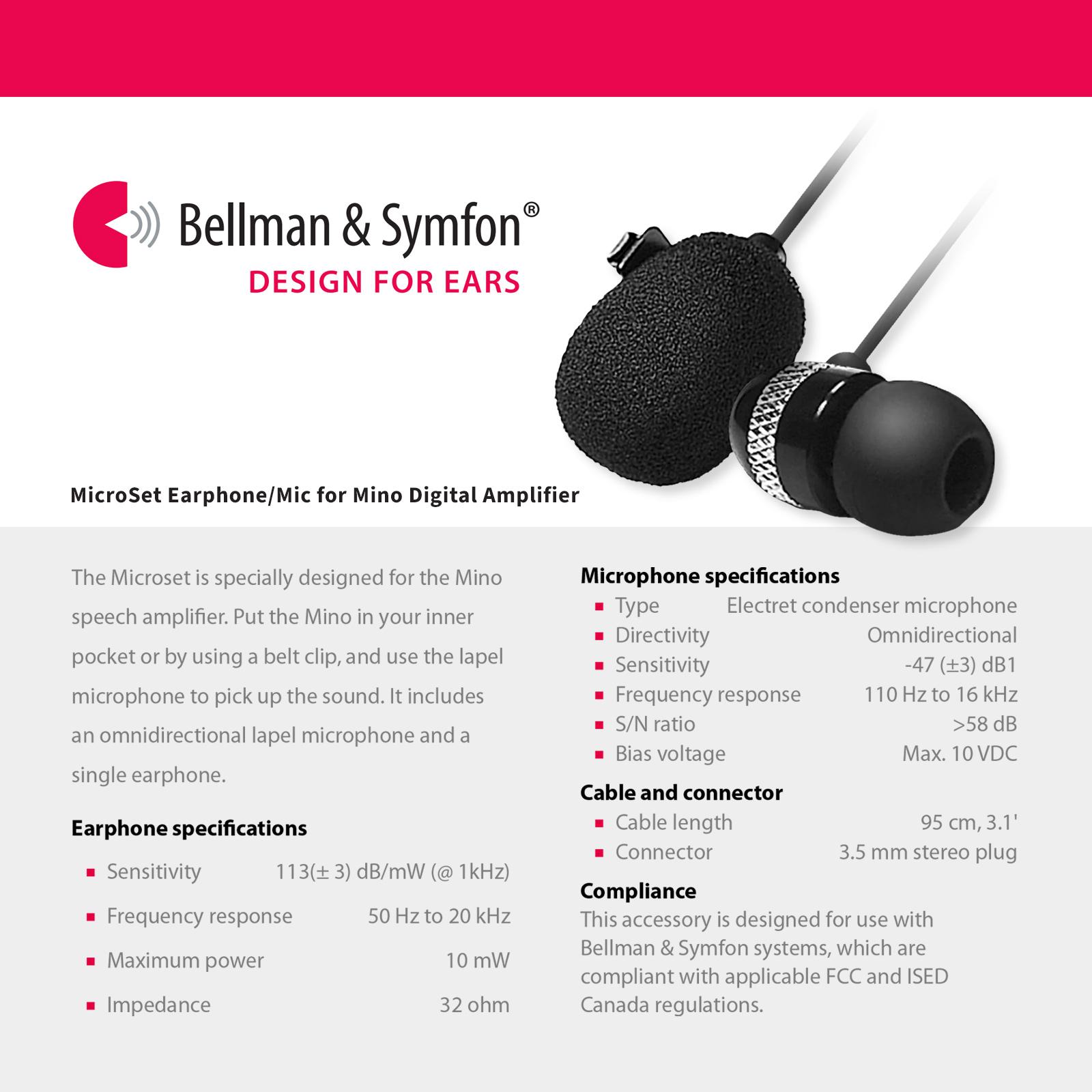 Bellman & Symfon MicroSet Earphone/Mic for Mino Digital Amplifier