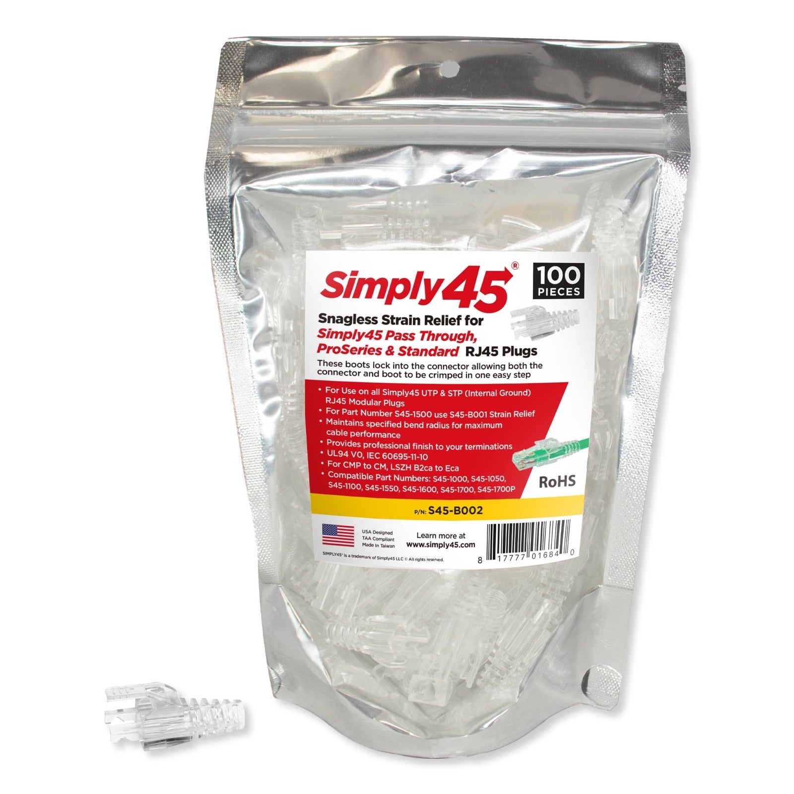 Simply45 Snagless Strain Relief for all S45 Pass Through Cat6/6a UTP (100 Pack)