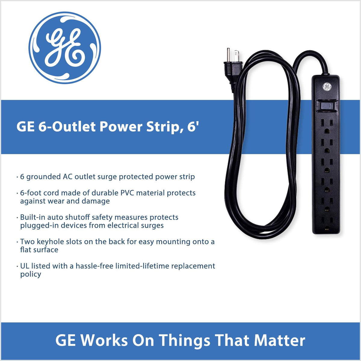 GE 6-Outlet Power Strip, 6ft Cord, Black
