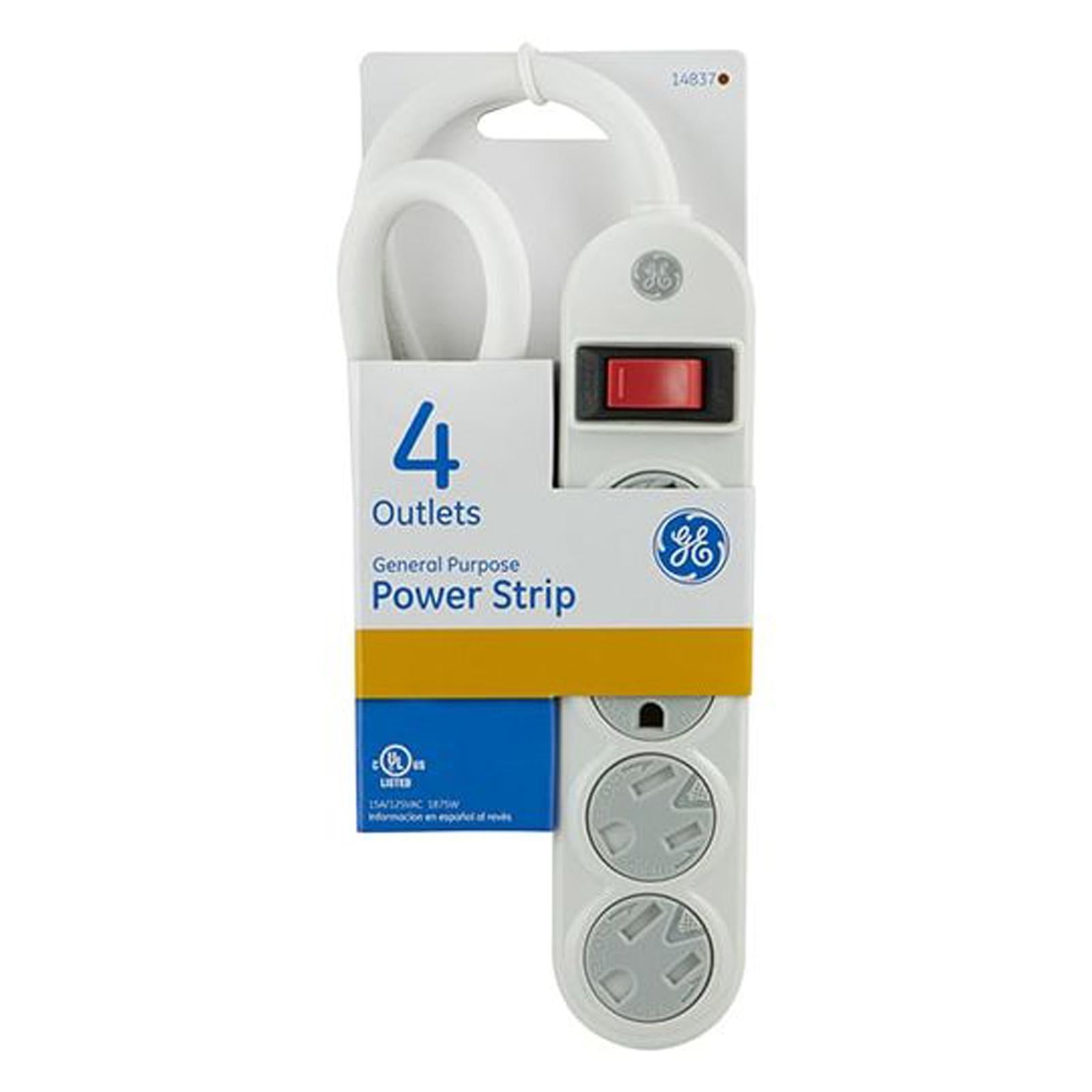 GE 4-Outlet Power Strip, Safety Covers, 1.5ft Cord, White