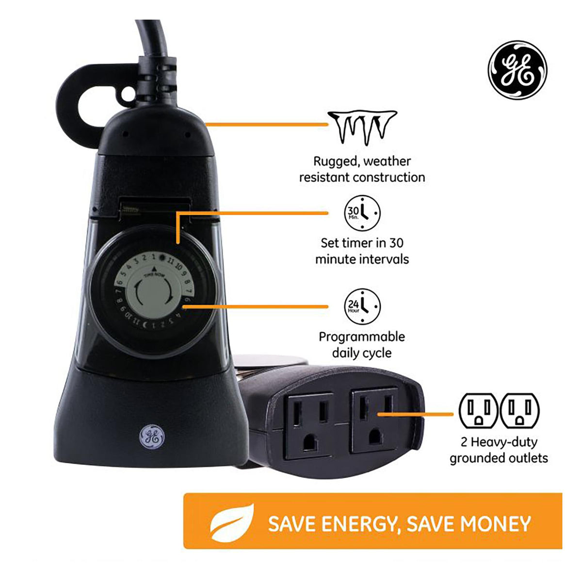 GE Outdoor 24hr Mechanical Timer, 48 On/Off, 2 Grounded Outlets, Black
