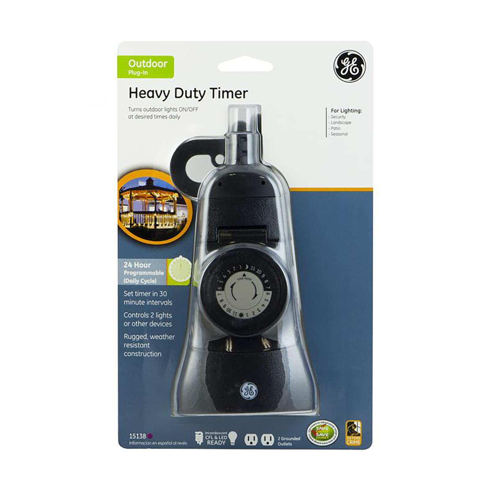 GE Outdoor 24hr Mechanical Timer, 48 On/Off, 2 Grounded Outlets, Black