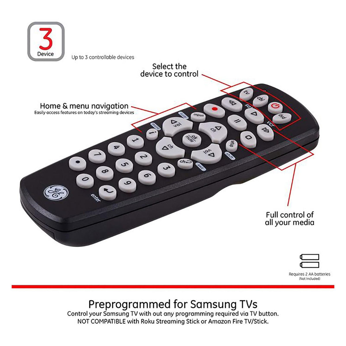 GE 3-Device Universal Remote Control, Black