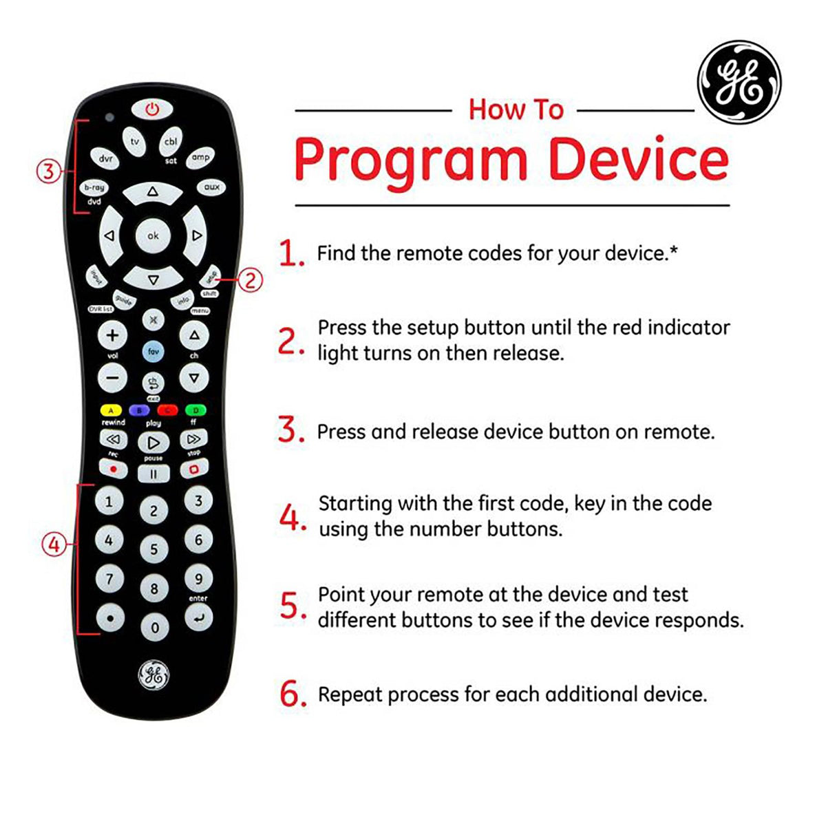GE 6-Device Universal Remote Control, Infrared, Black