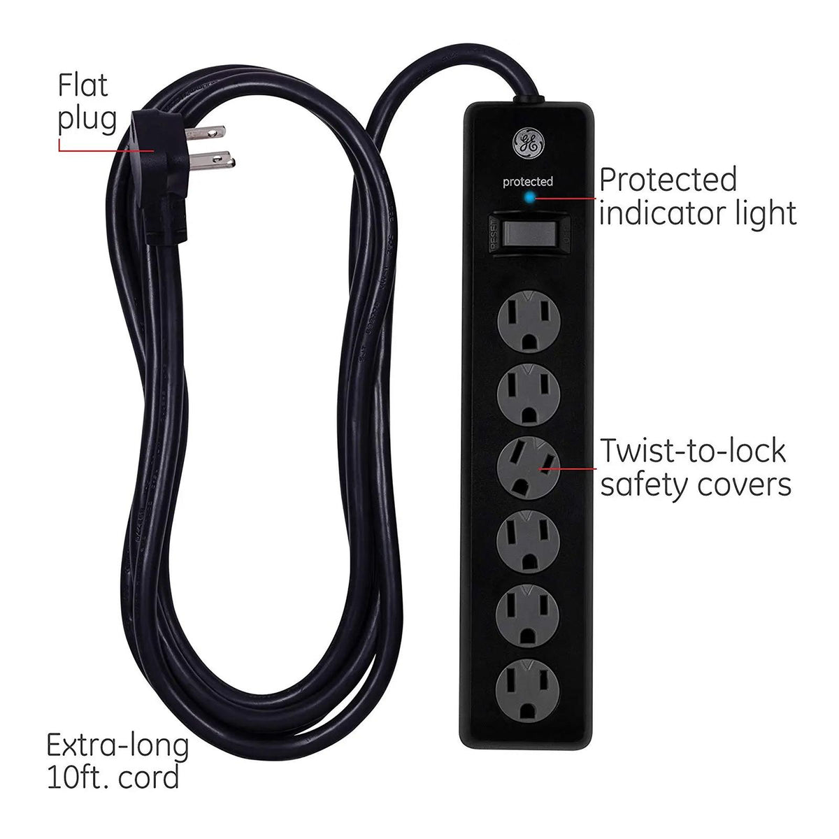 Jasco GE 6-Outlet 10ft. Surge Protector With Twist-To-Close Safety Covers, Black
