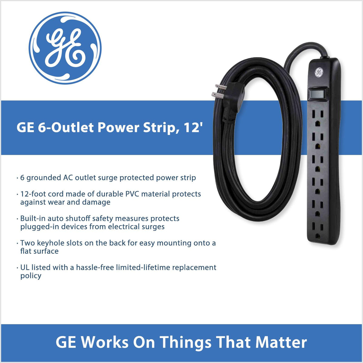 GE 6-Outlet Surge Protector, 12'