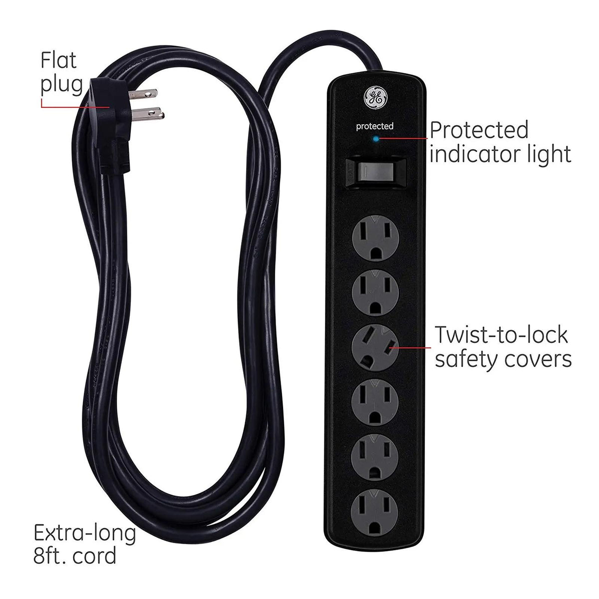 GE 6-Outlet 8ft. Surge Protector with Twist-to-Close Covers, 2 Pack
