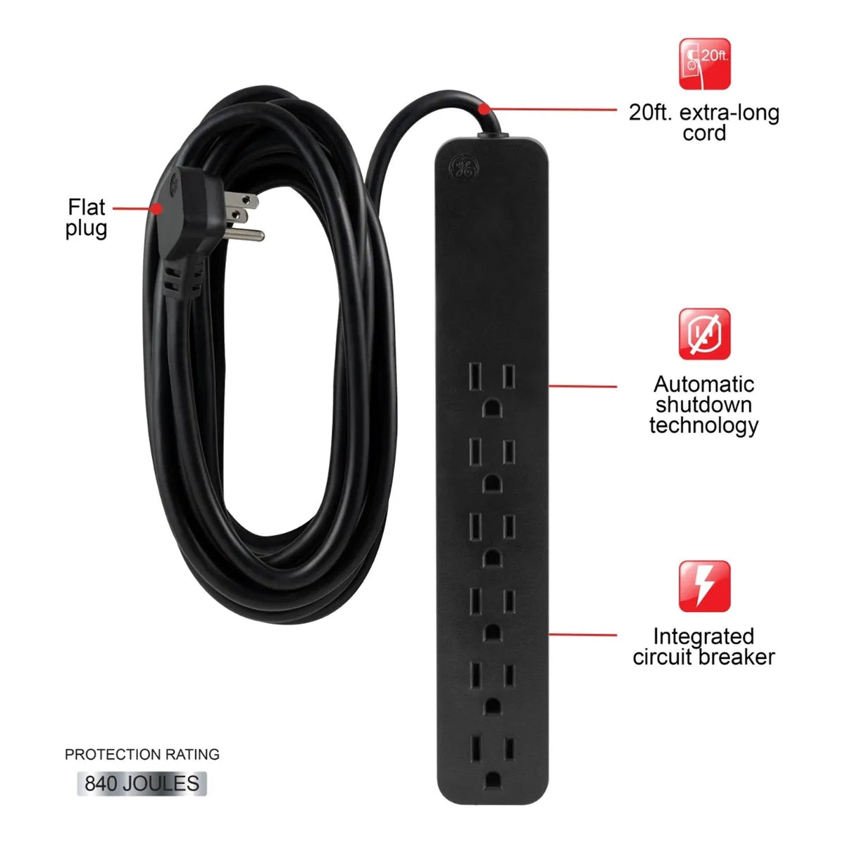 GE 6-Outlet Surge Protector, 20'