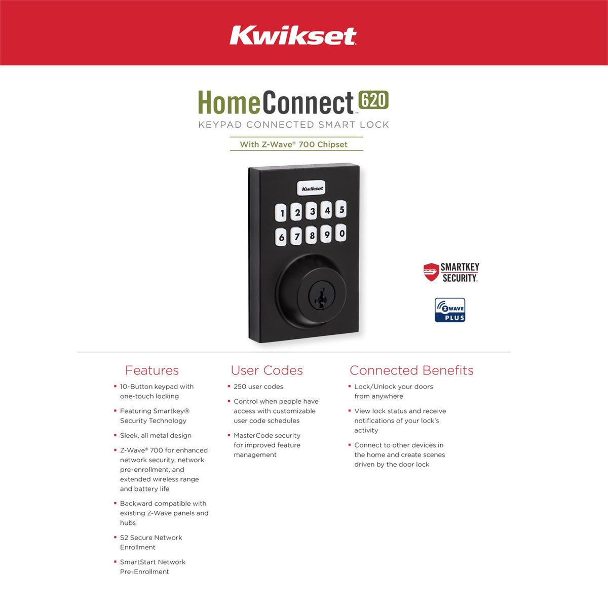 Kwikset Home Connect 620 Smart Lock, Z-Wave 700 Long Range, Contemporary with Deadbolt